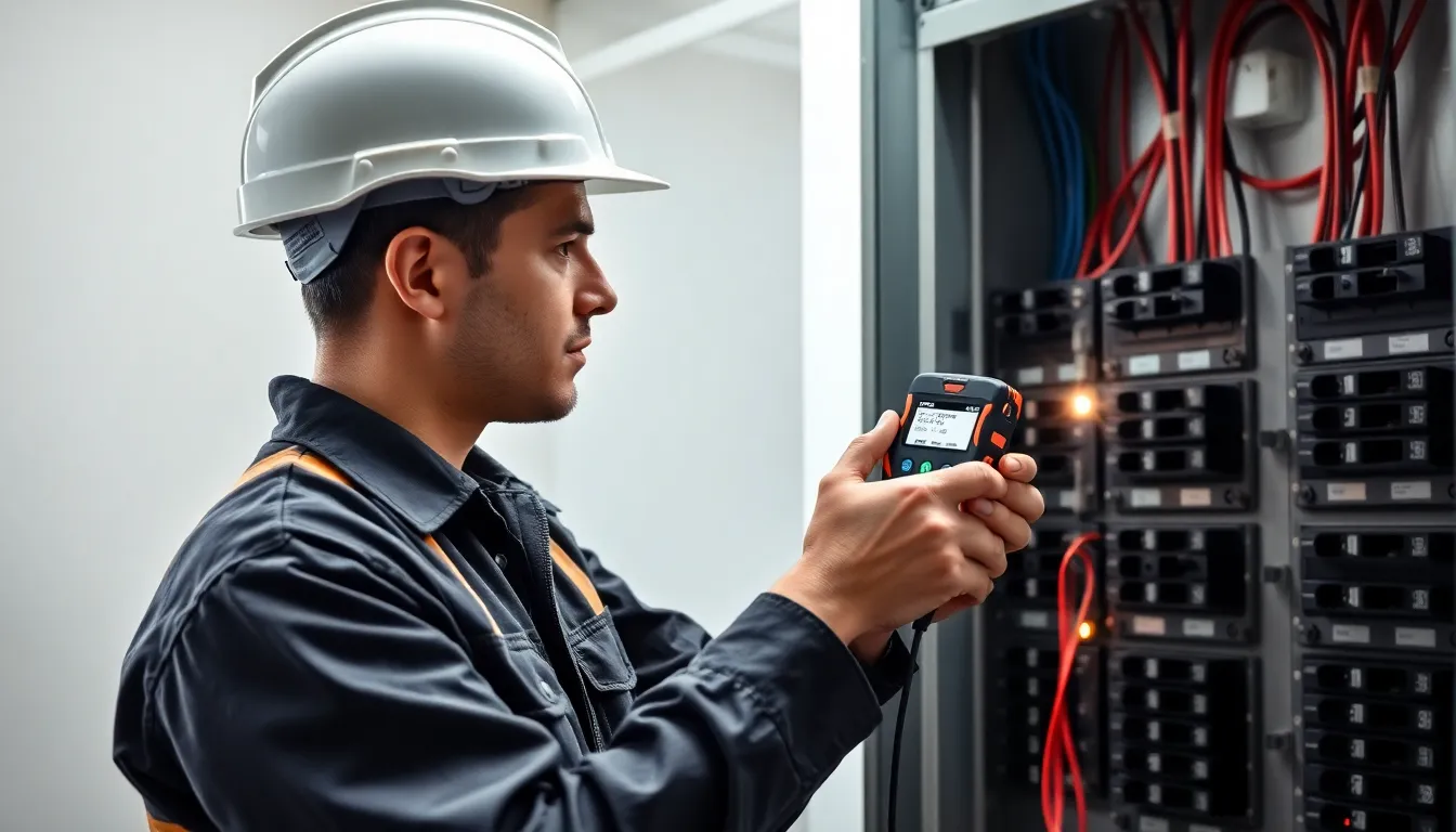 electrician using Klein Tools circuit breaker finder in a modern panel.