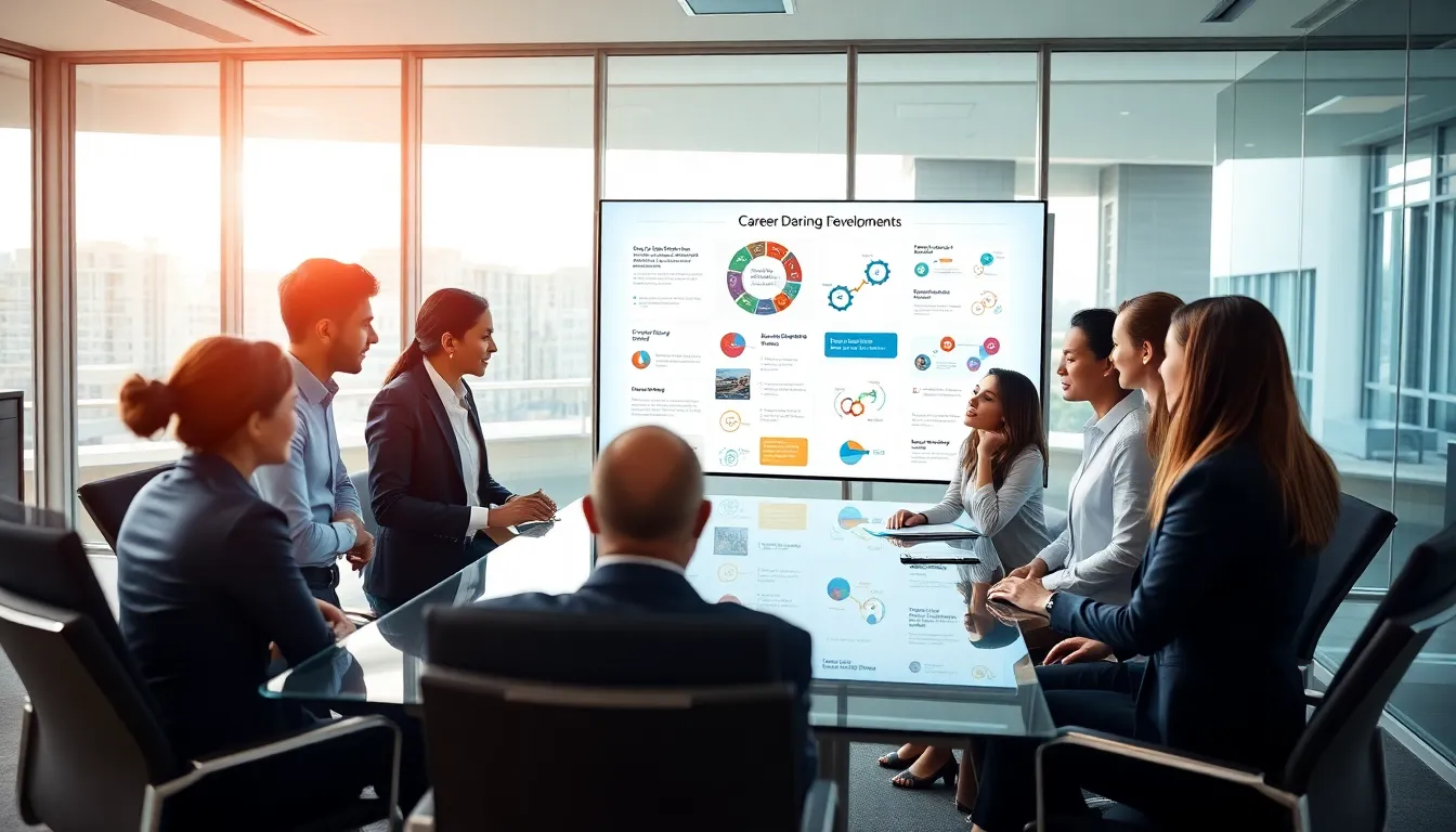 diverse professionals collaborating on career development examples in a modern office.