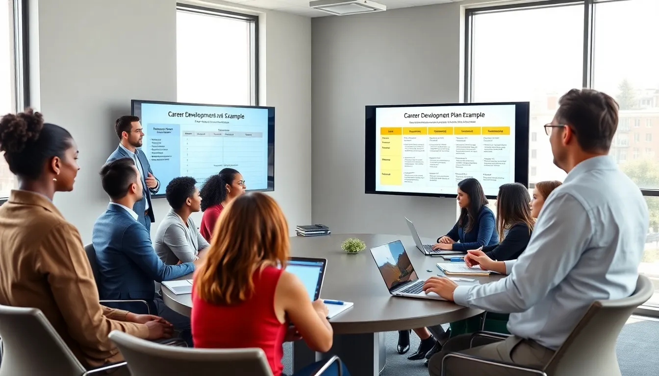 diverse team discussing career development plans in a modern office.