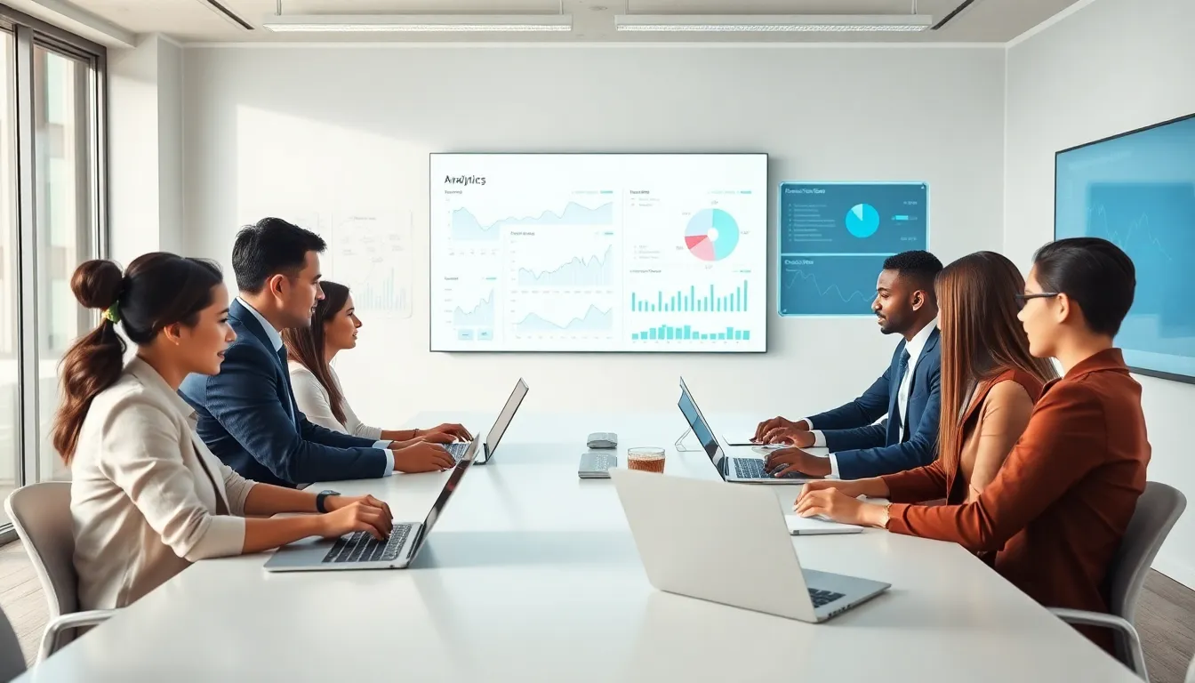 diverse team discussing digital marketing tracking in a modern office.