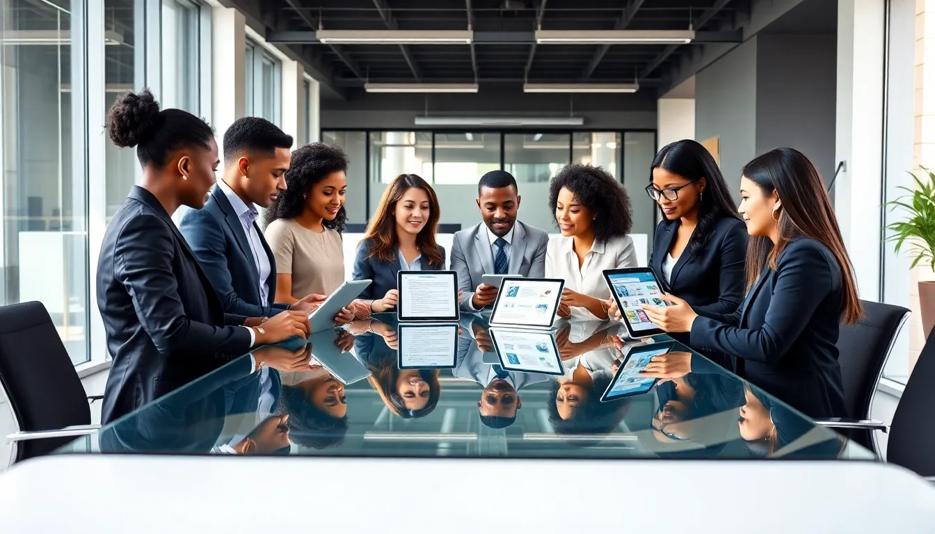 diverse team collaborating on career development tools in a modern office.
