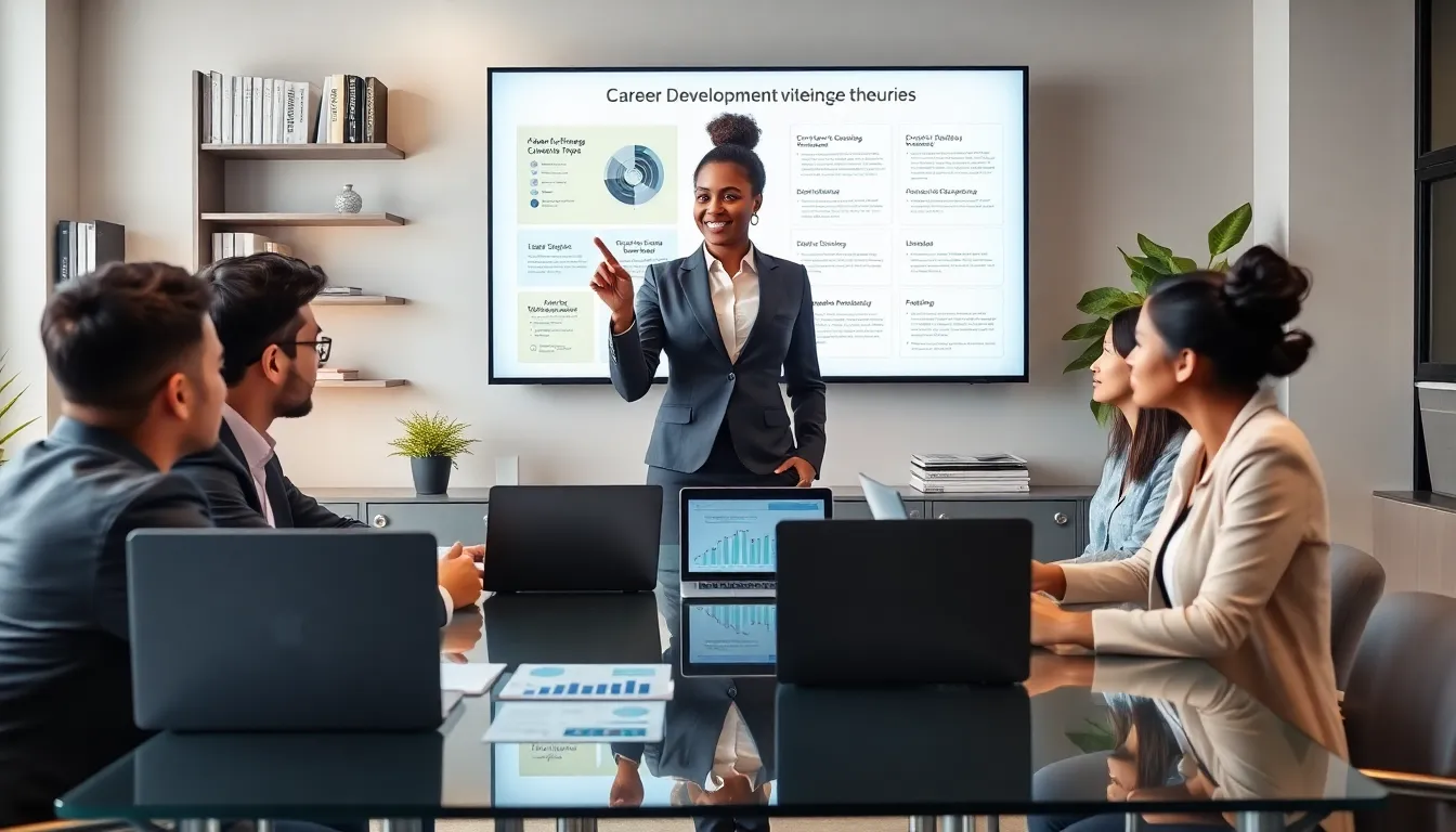 professionals discussing career development theories in a modern office.
