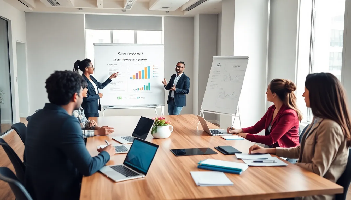 professionals collaborating in a modern office for career development.