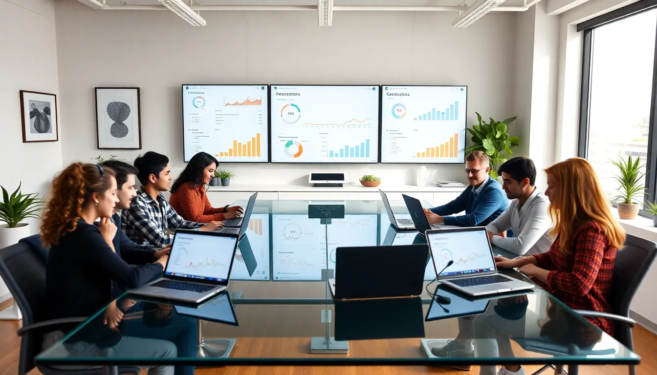 diverse team collaborating on digital marketing tools in a modern office.