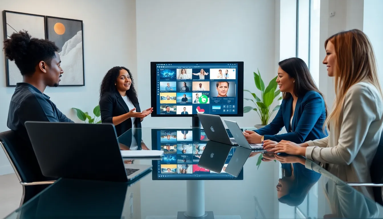diverse team discussing digital content creation tools in a modern office.