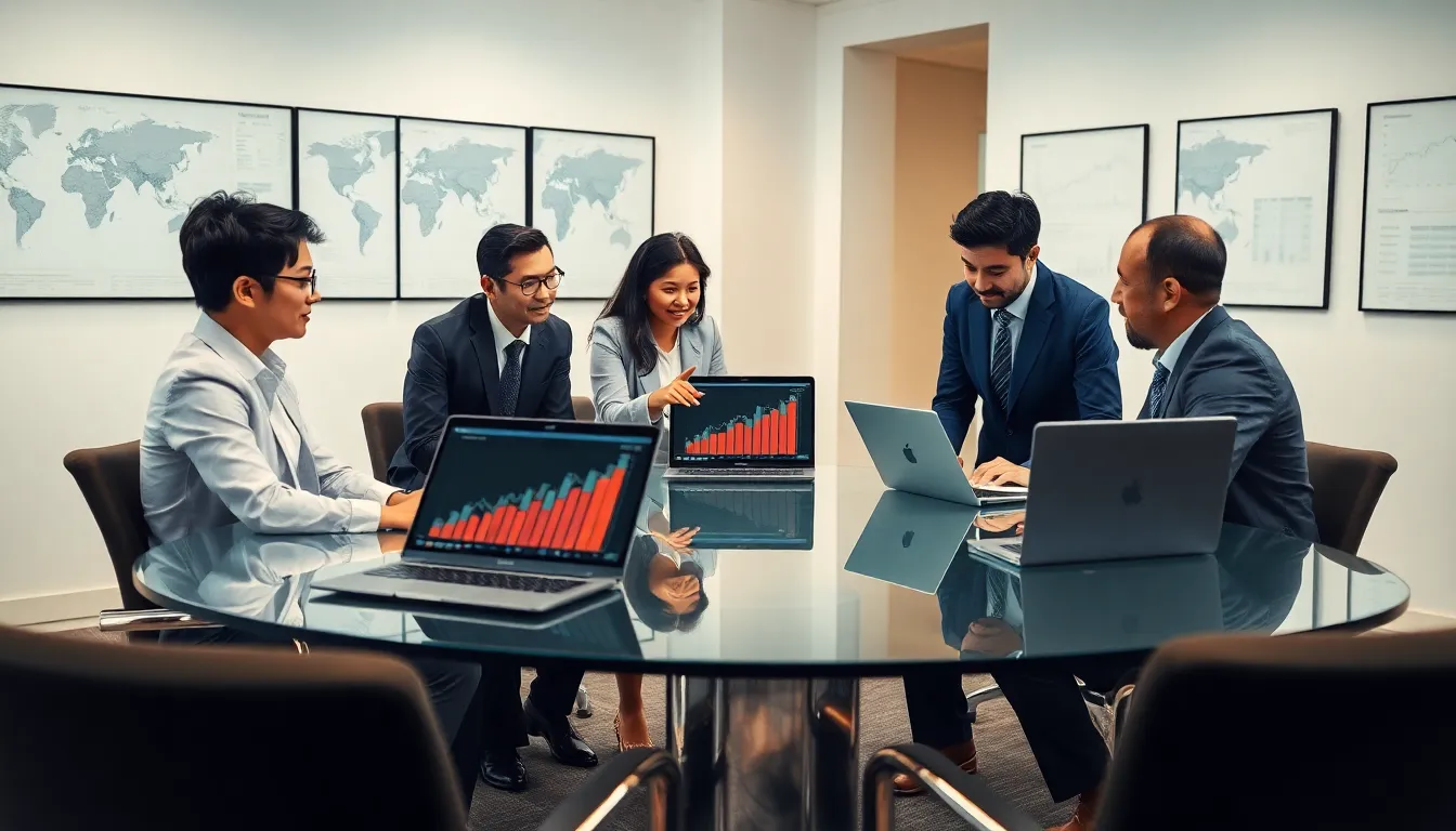 diverse team analyzing economic trends in a modern office.