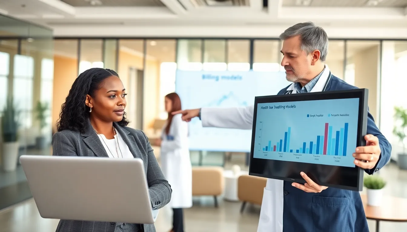 diverse healthcare professionals analyzing payment system trends in a modern office.