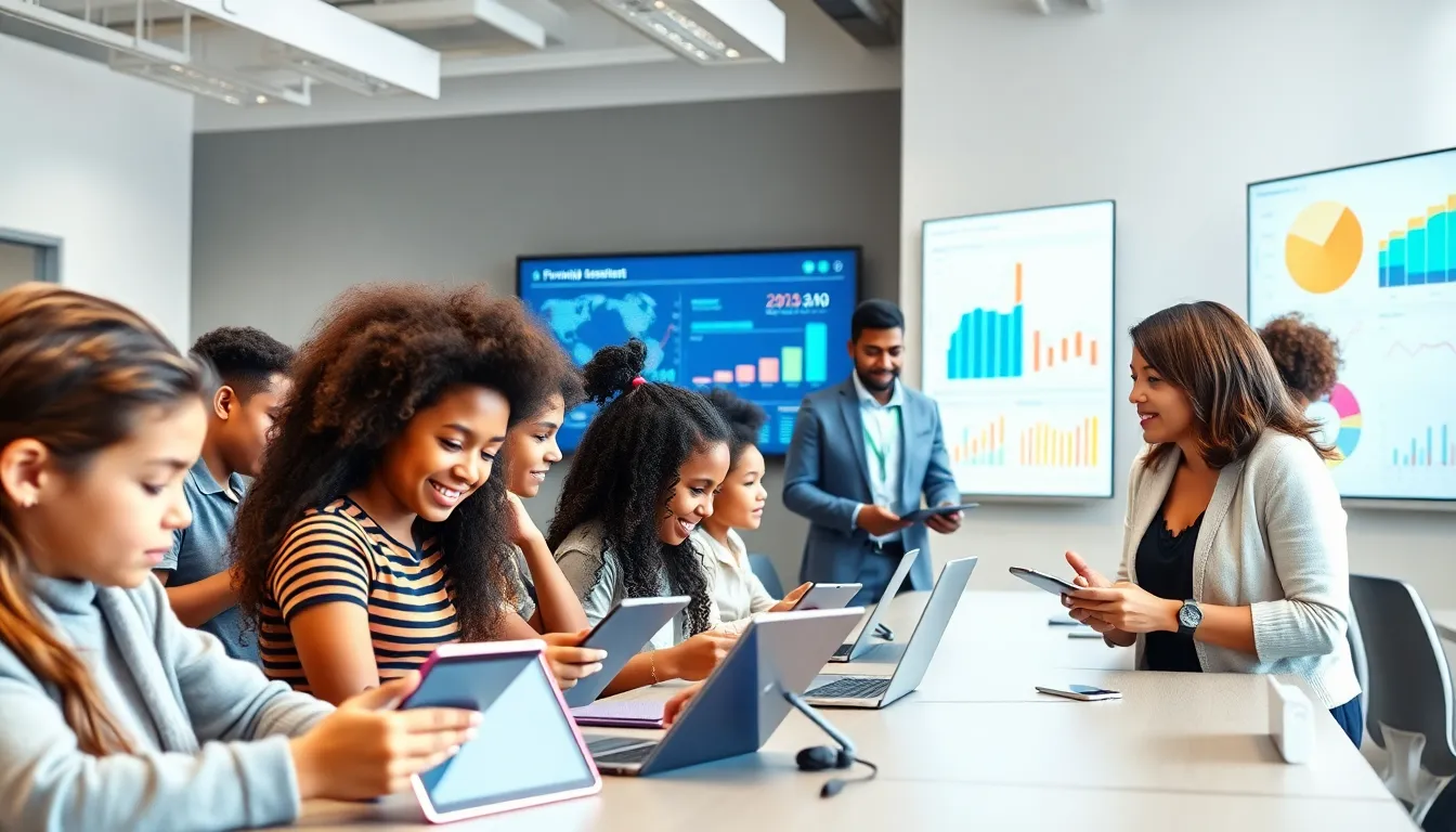 students using digital assessment tools in a modern classroom setting.