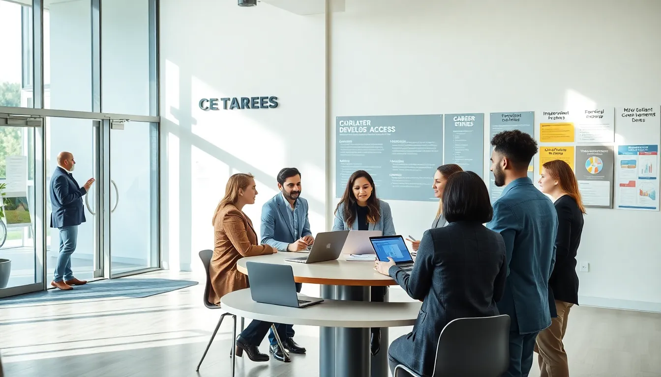 diverse professionals discussing career development in a modern office.