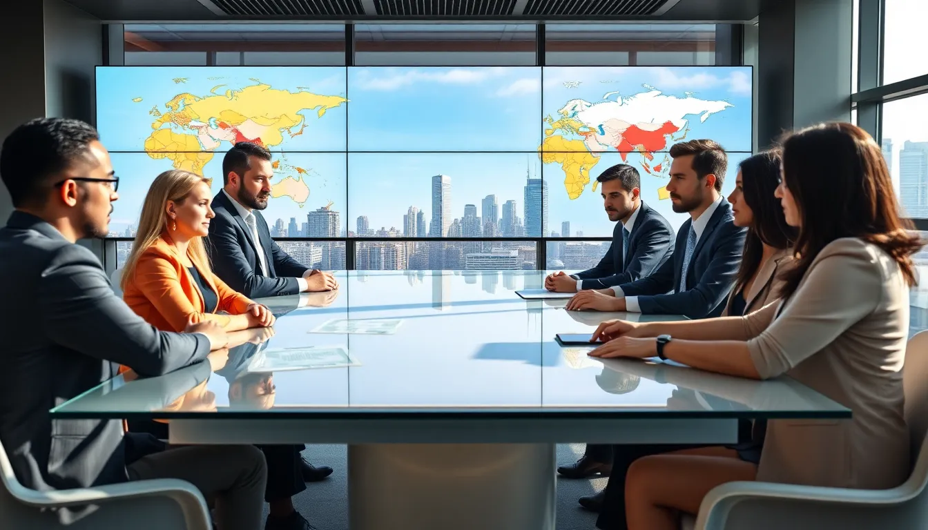diverse professionals discussing geopolitical issues in a modern office.